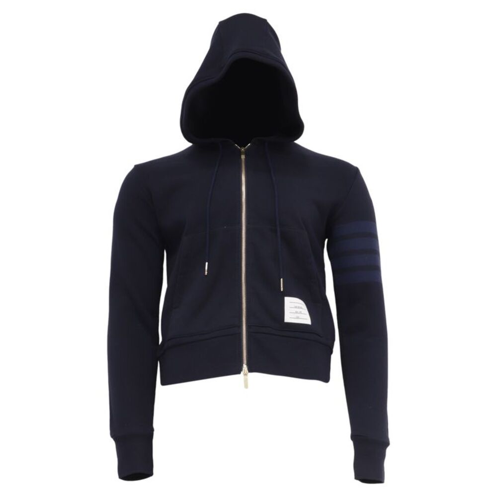 Thom Browne 4-Bar Zip-Up Hoodie in Navy Blue Cotton